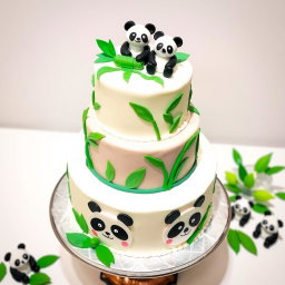 A beautifully designed two-tier cake with a panda theme, featuring cute panda illustrations on the cake, decorated with lush green bamboo leaves and vibrant colors