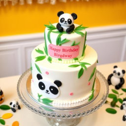 A beautifully designed two-tier cake with a panda theme, featuring cute panda illustrations on the cake, decorated with lush green bamboo leaves and vibrant colors