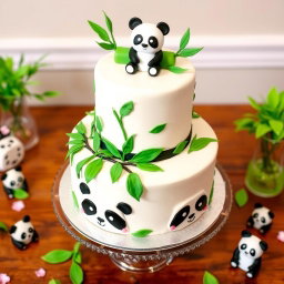 A beautifully designed two-tier cake with a panda theme, featuring cute panda illustrations on the cake, decorated with lush green bamboo leaves and vibrant colors