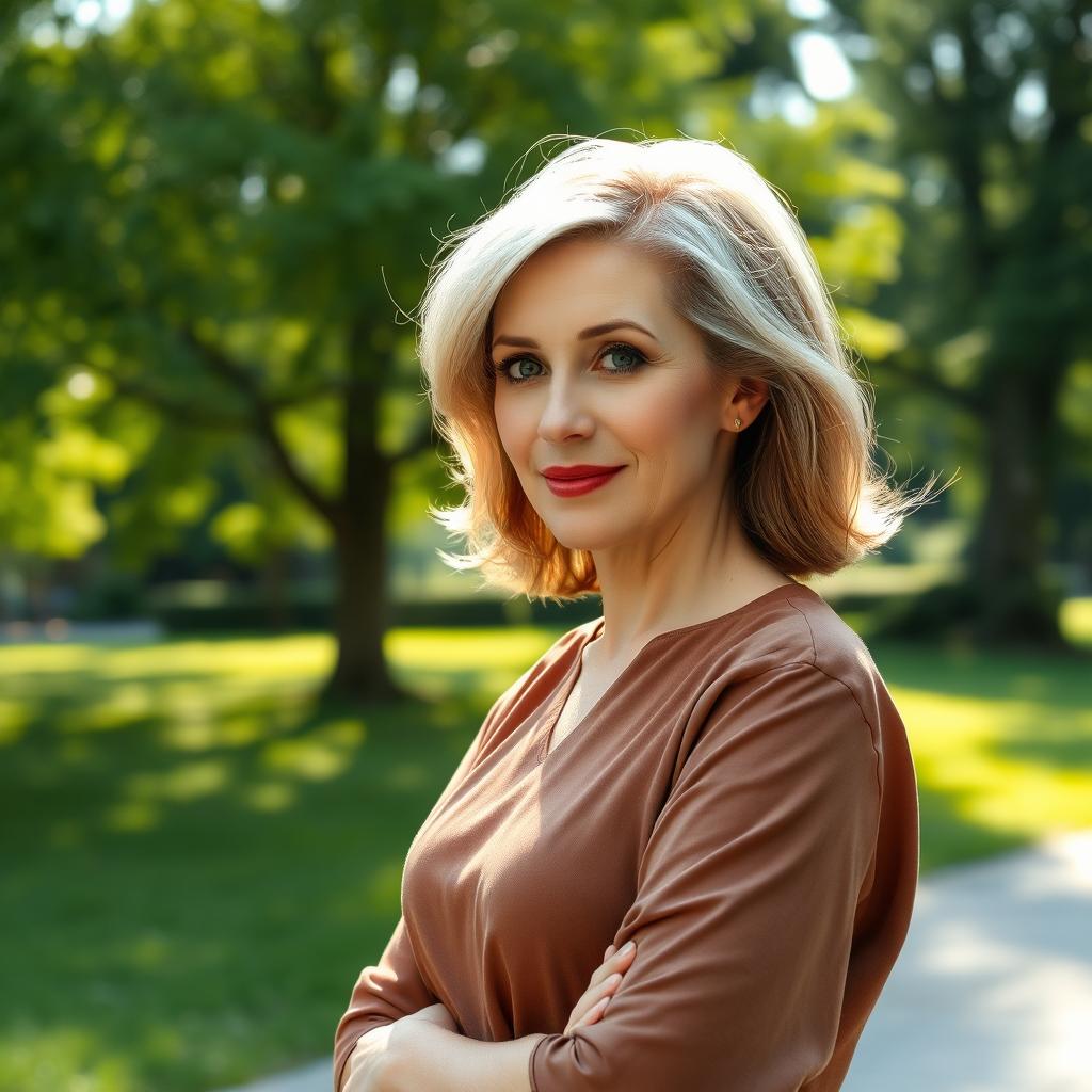 A sexy Russian woman aged 45-50 with a fashionable and modern hairstyle