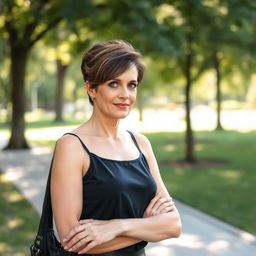 A sexy Russian woman aged 45-50 with a fashionable and modern hairstyle