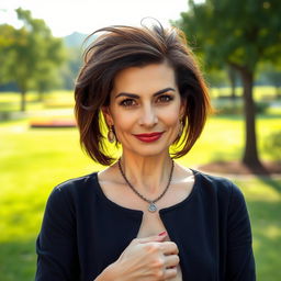 A sexy Russian woman aged 45-50 with a fashionable and modern hairstyle