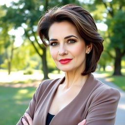 A sexy Russian woman aged 45-50 with a fashionable and modern hairstyle