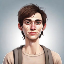 A realistic, high-quality digital art image of a lanky, dorky individual with prominent crater-like acne scars and brown hair