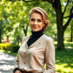 A sexy Russian woman aged 45-50 with a fashionable, modern hairstyle