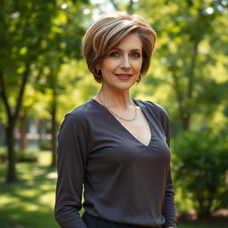 A sexy Russian woman aged 45-50 with a fashionable, modern hairstyle
