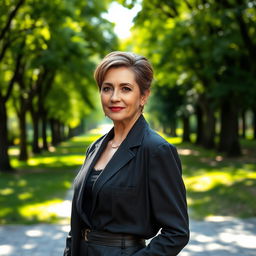 A sexy Russian woman aged 45-50 with a fashionable, modern hairstyle