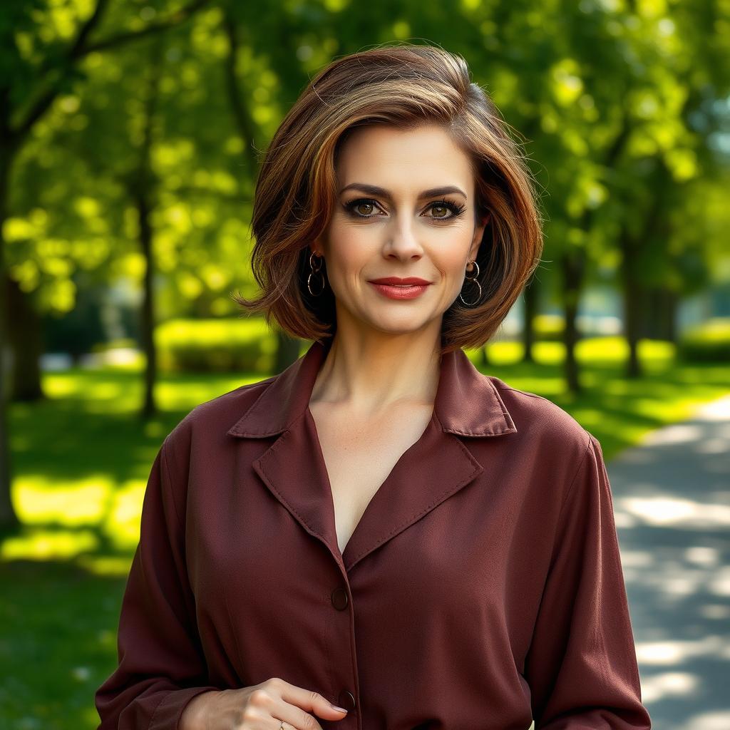 A sexy Russian woman aged 45-50 with a fashionable, modern hairstyle