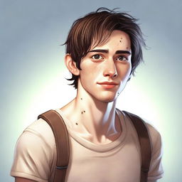 A realistic, high-quality digital art image of a lanky, dorky individual with prominent crater-like acne scars and brown hair