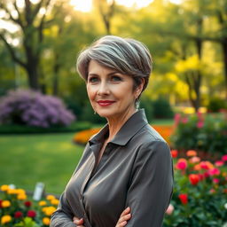 A sexy Russian woman aged 45-50 with a chic, modern hairstyle