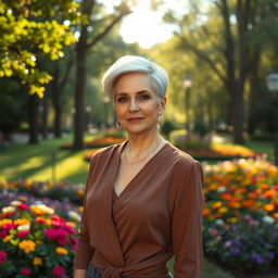 A sexy Russian woman aged 45-50 with a chic, modern hairstyle