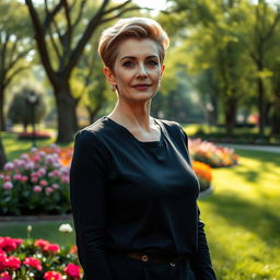 A sexy Russian woman aged 45-50 with a chic, modern hairstyle