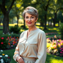 A sexy Russian woman aged 45-50 with a chic, modern hairstyle