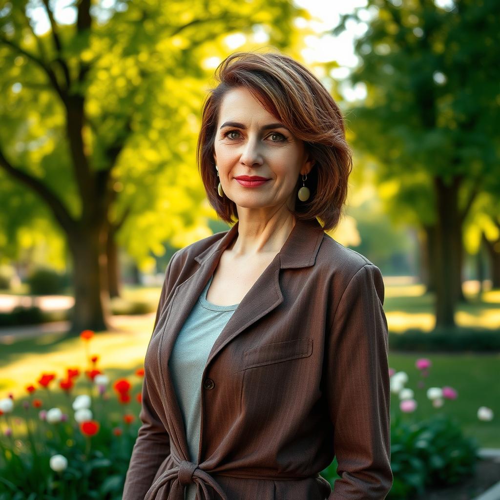 A sexy Russian woman aged 45-50 with a fashionable and chic hairstyle