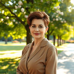 A sexy Russian woman aged 45-50 with a fashionable and chic hairstyle