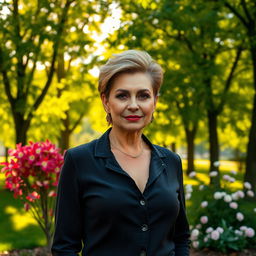 A sexy Russian woman aged 45-50 with a fashionable and chic hairstyle