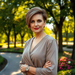 A sexy Russian woman aged 45-50 with a fashionable and chic hairstyle