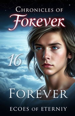 A captivating book cover for 'Chronicles of Forever: Echoes of Eternity', featuring an immortal boy who appears to be 16 years old, with a thoughtful expression