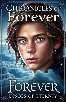 A captivating book cover for 'Chronicles of Forever: Echoes of Eternity', featuring an immortal boy who appears to be 16 years old, with a thoughtful expression