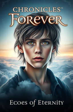 A captivating book cover for 'Chronicles of Forever: Echoes of Eternity', featuring an immortal boy who appears to be 16 years old, with a thoughtful expression