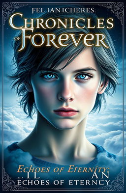 A captivating book cover for 'Chronicles of Forever: Echoes of Eternity', featuring an immortal boy who appears to be 16 years old, with a thoughtful expression