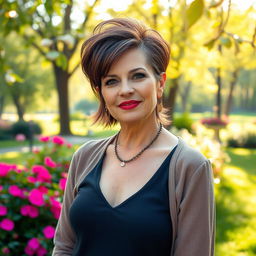 A sexy Russian woman aged 45-50 with a trendy and fashionable hairstyle