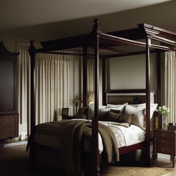 An English styled bedroom for men, with dark oak furniture, a four-poster bed, traditional decor, and a mood of quiet elegance.