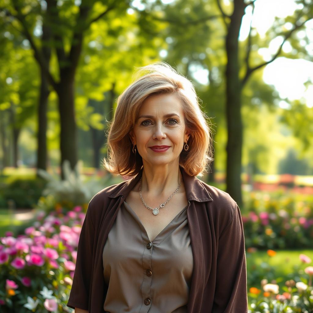 A sexy Russian woman aged 45-50 with a trendy and fashionable hairstyle