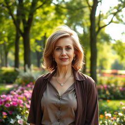A sexy Russian woman aged 45-50 with a trendy and fashionable hairstyle