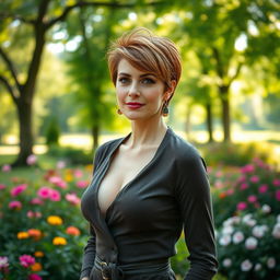 A sexy Russian woman aged 45-50 with a trendy and fashionable hairstyle