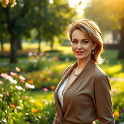 A sexy Russian woman aged 45-50 with a trendy and fashionable hairstyle