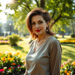 A sexy Russian woman aged 45-50 with a trendy and fashionable hairstyle