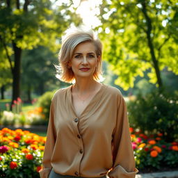 A sexy Russian woman aged 45-50 with a trendy and fashionable hairstyle