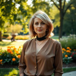 A sexy Russian woman aged 45-50 with a trendy and fashionable hairstyle