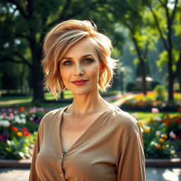 A sexy Russian woman aged 45-50 with a trendy and fashionable hairstyle