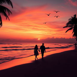 A stunning sunset over a tranquil beach, with vibrant orange and pink hues reflecting off the gentle waves