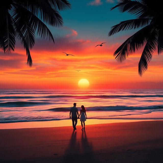 A stunning sunset over a tranquil beach, with vibrant orange and pink hues reflecting off the gentle waves