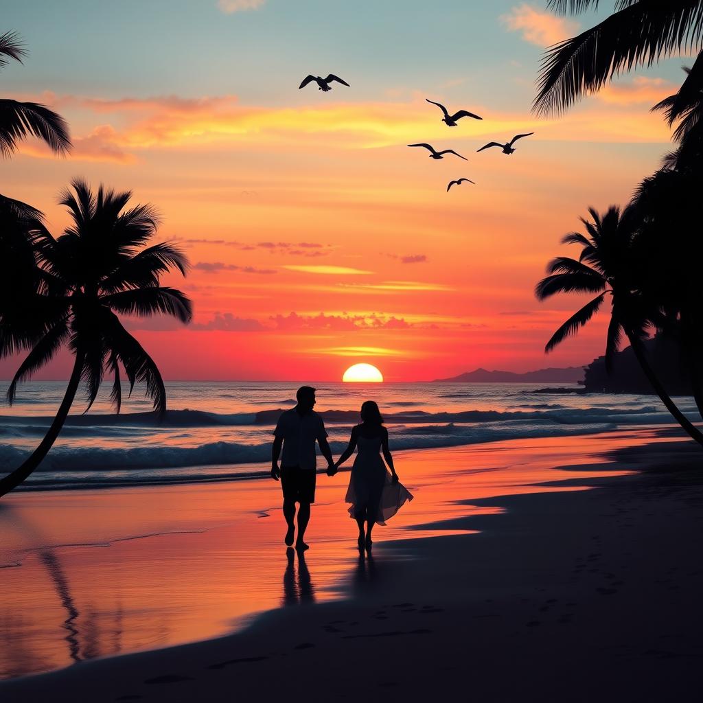 A stunning sunset over a tranquil beach, with vibrant orange and pink hues reflecting off the gentle waves