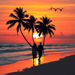 A stunning sunset over a tranquil beach, with vibrant orange and pink hues reflecting off the gentle waves