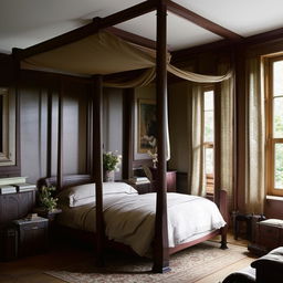 An English styled bedroom for men, with dark oak furniture, a four-poster bed, traditional decor, and a mood of quiet elegance.