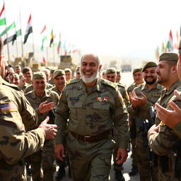 Qassem Soleimani joyfully walking among a group of military forces, wearing a military uniform, smiling warmly as he engages with the soldiers around him