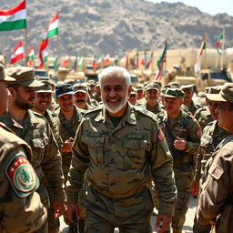 Qassem Soleimani joyfully walking among a group of military forces, wearing a military uniform, smiling warmly as he engages with the soldiers around him