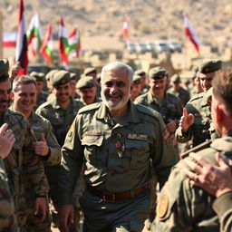 Qassem Soleimani joyfully walking among a group of military forces, wearing a military uniform, smiling warmly as he engages with the soldiers around him