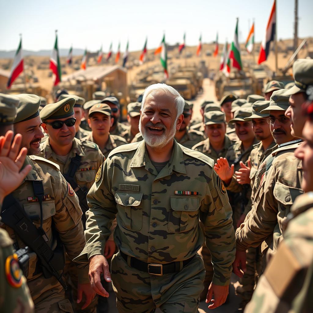 Qassem Soleimani joyfully walking among a group of military forces, wearing a military uniform, smiling warmly as he engages with the soldiers around him