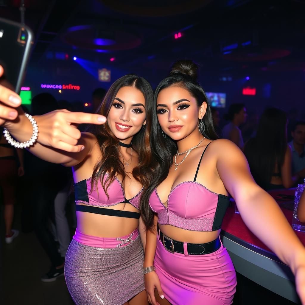 Two attractive young women in a lively nightclub, posing playfully for a selfie