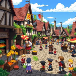 A vibrant pixel art scene depicting a bustling medieval market square, filled with various characters like a merchant selling fruits, a bard playing music, children playing, and townsfolk interacting