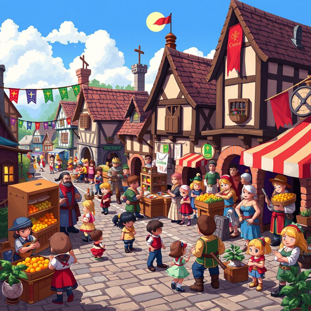 A vibrant pixel art scene depicting a bustling medieval market square, filled with various characters like a merchant selling fruits, a bard playing music, children playing, and townsfolk interacting