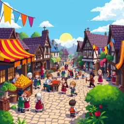 A vibrant pixel art scene depicting a bustling medieval market square, filled with various characters like a merchant selling fruits, a bard playing music, children playing, and townsfolk interacting
