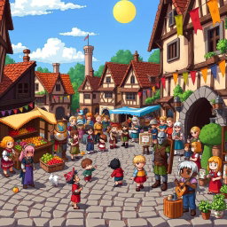 A vibrant pixel art scene depicting a bustling medieval market square, filled with various characters like a merchant selling fruits, a bard playing music, children playing, and townsfolk interacting