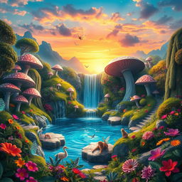A stunning fantasy landscape featuring a vibrant, whimsical forest with oversized mushrooms and sparkling fairy lights